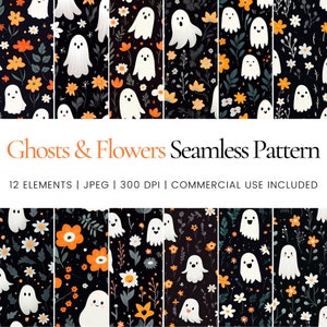Puede incluir: Un patrón sin costuras con fantasmas blancos con caras sonrientes y flores naranjas y blancas sobre un fondo negro. El texto "Ghosts & Flowers Seamless Pattern" está en la parte superior de la imagen. El texto "12 ELEMENTS | JPEG | 300 DPI | COMMERCIAL USE INCLUDED" está en la parte inferior de la imagen.