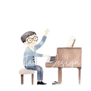 May include: A watercolor illustration of a person playing a brown grand piano. The person is wearing a blue sweater and glasses and has their right hand raised in the air.