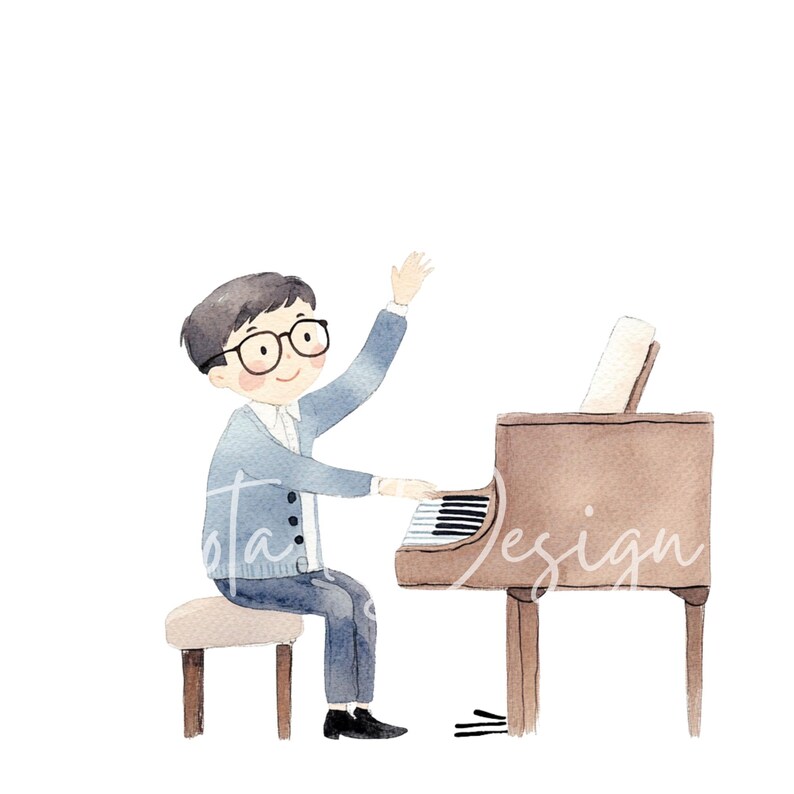May include: A watercolor illustration of a person playing a brown grand piano. The person is wearing a blue sweater and glasses and has their right hand raised in the air.