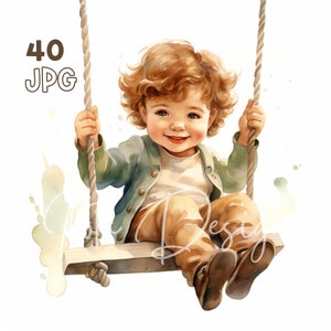 Boy on a Swing Clipart - 40 High Quality JPGs - Digital Planner, Junk Journaling, Watercolor, Wall Art, Commercial Use, Digital Download