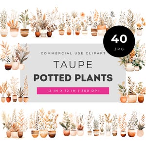 Taupe potted plants clipart bundle, neutral botanical houseplant illustrations set, minimalist plant pot decor for invitations and stickers