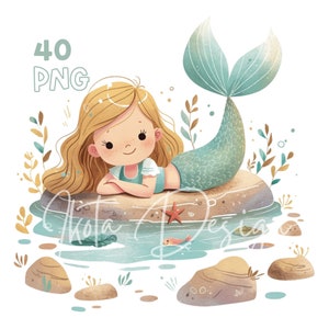 Lake Mermaid Clipart - 40 PNG de haute qualité - Planificateur numérique, Junk Journaling, Aquarelle, Art mural, Utilisation commerciale, Téléchargement numérique, Tasses