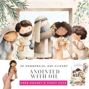 Puede incluir: Ilustración en acuarela con un grupo de personajes de dibujos animados con vestimenta religiosa. La imagen incluye el texto "Anointed with Oil" y "30 Commercial Use Clipart". Las figuras son en tonos beige, marrón y azul.
