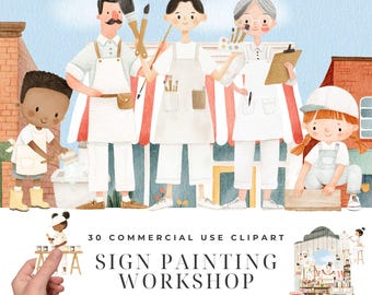 Sign Painting Workshop Clipart Bundle, Watercolor Vintage Letterer Illustrations, Gold Leaf Gilder Ladder PNG, Hand Lettering Characters