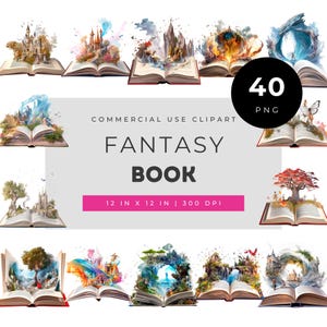 Fantasy book clipart bundle, magical storybook scene illustrations, open book worlds PNG set for crafting, enchanted fairytale art pack