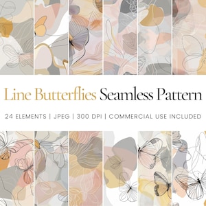 Puede incluir: Un conjunto de 24 patrones sin costuras que presentan mariposas de arte lineal en varias poses sobre un fondo de formas abstractas en tonos de rosa, beige y gris. El texto "Line Butterflies Seamless Pattern" se muestra en la parte superior de la imagen.