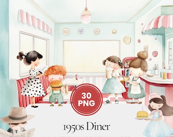 1950s diner clipart bundle with retro kids, vintage soda shop PNG set, classic American diner art for scrapbooking, journaling crafts