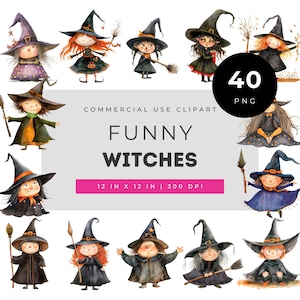Funny witches clipart bundle, cute halloween witch set, whimsical broomstick characters, watercolor halloween girls in hats illustrations