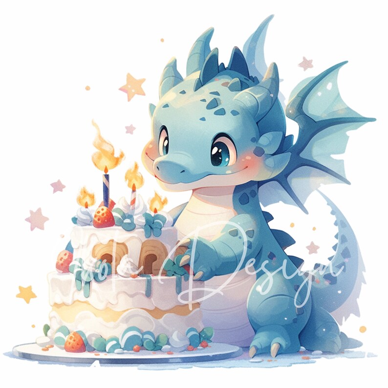Puede incluir: Un drag&oacute;n de dibujos animados azul y blanco con un ala azul claro sostiene un pastel de cumplea&ntilde;os blanco y rosa con velas. El pastel est&aacute; decorado con fresas y hojas verdes.