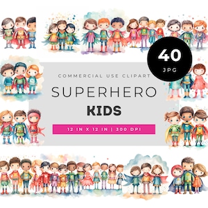 Superhero kids clipart set, cute diverse children in capes watercolor bundle for birthday invitations and classroom crafts, hero art pack