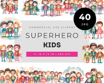 Conjunto de cliparts de crianças super-heróis, um pacote fofo e diversificado de crianças com capas em aquarela para convites de aniversário e trabalhos manuais em sala de aula.