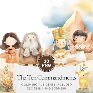 Puede incluir: Un conjunto de 30 ilustraciones digitales de los Diez Mandamientos, con un estilo de acuarela con personajes de la historia bíblica. Las ilustraciones miden 30,5 cm por 30,5 cm y 300 DPI.