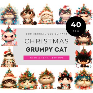 Images clipart de chats grincheux de Noël, chats aquarelle amusants emmêlés dans des guirlandes lumineuses, illustrations festives d'animaux de compagnie pour cartes et bricolages, ensemble JPG