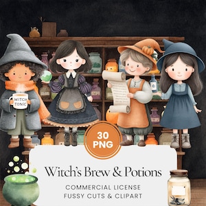 Puede incluir: Ilustración en acuarela con cuatro brujas de dibujos animados con botellas de pociones y un caldero. La imagen incluye el texto "Witch's Brew & Potions" y "30 PNG". Las brujas visten varios atuendos, incluyendo sombreros y delantales.