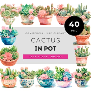 Watercolor cactus in pot clipart bundle with succulent planter illustrations for invitations scrapbooking wall art crafts & DIY projects set