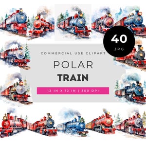 Polar train clipart, vintage Christmas steam locomotive illustrations, watercolor winter travel art, holiday railroad scene JPG scrap set