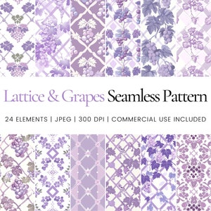 Puede incluir: Un conjunto de 24 patrones digitales sin costuras que presentan un diseño de enrejado morado y blanco con uvas. Los patrones son perfectos para manualidades, scrapbooking y proyectos de diseño digital.