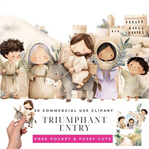 Puede incluir: Ilustración en acuarela de una escena religiosa con figuras, incluyendo una persona montada en un burro y otras sosteniendo ramas de palma. La imagen tiene una paleta de colores suaves y el texto "Triumphant Entry" y "30 Commercial Use Clipart".