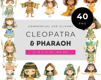 Cleopatra pharaoh clipart set cute ancient egypt characters watercolor illustration bundle historic royalty kids art printable design pack