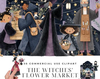 Witches Flower Market Clipart Bundle, Watercolor Midnight Witch Illustrations, Black Rose Moonflower PNG, Dark Botanical Market Designs