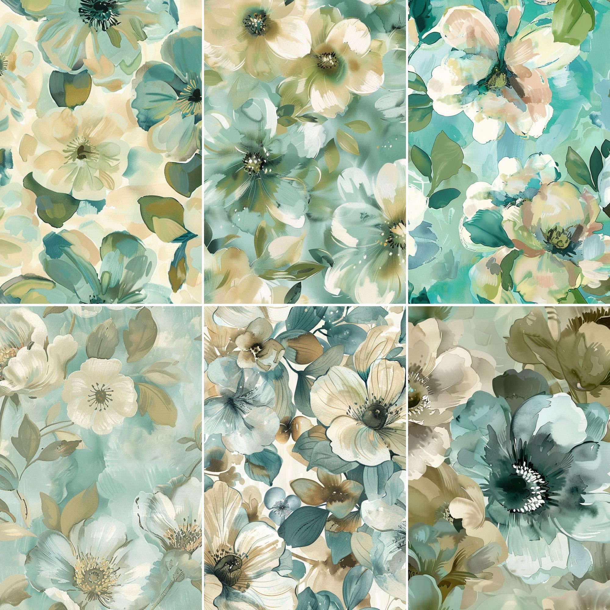 Greenish Floral Seamless Pattern Set, Watercolor Flower Digital Paper ...