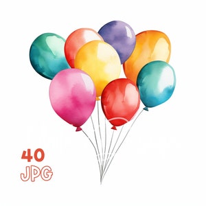 Balony urodzinowe clipart-40 wysokiej jakości JPG-cyfrowe planowanie, dziennik śmieci, akwarela, sztuka ścienna, użytek komercyjny, pobieranie cyfrowe