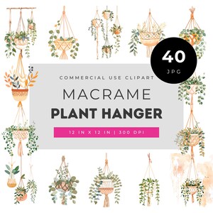 Macrame Plant Hanger Clipart Bundle, Boho Hanging Planter Illustrations, Watercolor Houseplant Decor PNG, Floral Hanging Basket Graphics