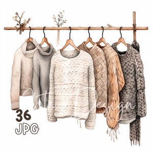 Pull tricoté Clipart - 36 JPG de haute qualité - Planificateur numérique, Junk Journaling, Aquarelle, Utilisation commerciale, Téléchargement numérique, Mug, Vêtements
