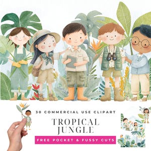 Puede incluir: Ilustración en acuarela de cinco niños vestidos como exploradores en un entorno de jungla tropical. La imagen incluye el texto "30 Commercial Use Clipart" y "Tropical Jungle". Los niños están rodeados de exuberante follaje verde.
