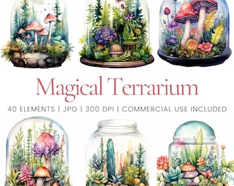 Magical Terrarium Clipart - 40 High Quality JPGs - Digital Planner, Junk Journaling, Watercolor, Commercial Use, Digital Download, Mugs