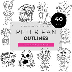 Peter Pan Malbuch Clipart-Paket, Storybook-Umrissillustrationen zum Basteln für Kinder, druckbare Märchenzeichnungen in Schwarzweiß