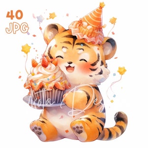 赤ちゃんタイガーの誕生日クリップアート - 40 高品質 JPG - デジタル プランナー、ジャンク ジャーナリング、水彩、ウォール アート、商用利用、デジタル ダウンロード