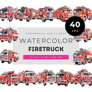 Watercolor firetruck clipart set for kids designs, red fire engine illustrations for crafts and invitations, emergency vehicle graphics
