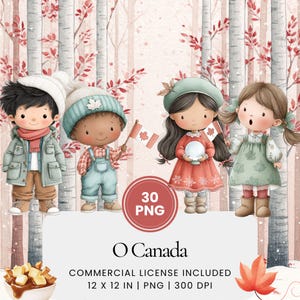 Puede incluir: Ilustración en acuarela con cuatro niños de dibujos animados con ropa de invierno, sosteniendo banderas canadienses y una bola de nieve. La imagen incluye el texto "O Canada" y "30 PNG". El fondo muestra abedules y hojas rojas.