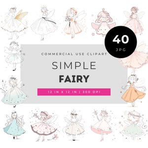 Simple fairy clipart bundle, minimal pastel fairies for children’s crafts and creative design projects, cute whimsical JPG illustration set