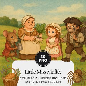 Little Miss Muffet Aquarell Clipart, Kinderreim PNG Bundle, Vintage Gedicht Illustration Set, Kindergeschichte druckbare Kunst für Einladungen