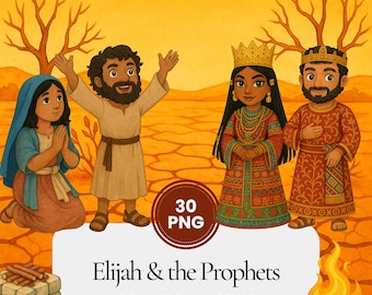 Histoire biblique Élie et les prophètes de Baal, clipart, aquarelle chrétienne, découpes délicates, imprimables pour l'église des enfants, graphiques de l'école du dimanche