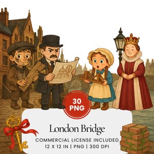 London Bridge aquarel clipart bundel, kinderliedje PNG-illustraties, minimalistische kinderkunst, verhaaltijd ontwerpelementen, sprookjesset