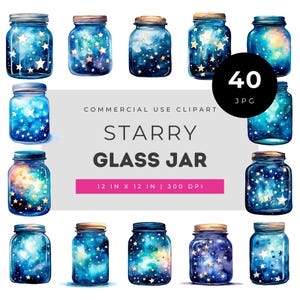 Starry Glass Jar Clipart Set, Night Sky Mason Jar Illustrations, Galaxy Jar Art for Stickers, Scrapbooking, Crafts and Digital Projects