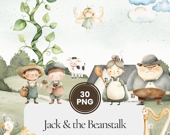 Jack and the Beanstalk clipart, watercolor PNG set with giant, fairy, goose, golden egg, harp and fairytale art for crafts invitations