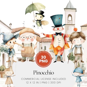 Pinocchio Clipart - 30 PNG - Pianificatore digitale, Junk Journaling, Arte della parete, Uso commerciale, Sublimazione, Scrapbooking, Carte, Tazze, Compleanno