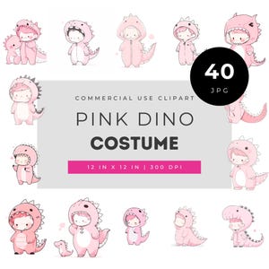 Pink dino costume clipart set, cute kids in dinosaur onesies pastel watercolor bundle for baby shower invites and nursery decor art