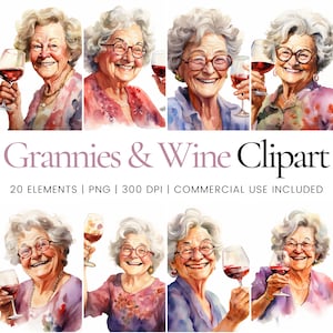 Oma en wijn clipart - 20 hoogwaardige PNG's - digitale planner, junk journaling, aquarel, commercieel gebruik, digitale download