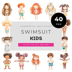 Swimsuit Kids clipart, summer beach watercolor set with diverse children in swimwear, pool party elements, tropical tones for creative craft