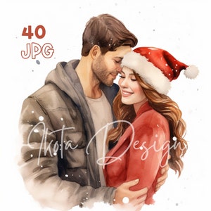 Christmas Couple Clipart - 40 High Quality JPGs - Digital Planner, Junk Journaling, Watercolor, Wall Art, Commercial Use, Digital Download