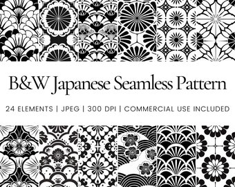 Japanese Digital Paper, Black and White Seamless Pattern, Traditional Asian Floral and Wave Motifs, Monochrome Background, Commercial Use