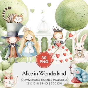 Alice nel Paese delle Meraviglie Clipart - 30 PNG - Pianificatore digitale, Junk Journaling, Arte della parete, Uso commerciale, Sublimazione, Scrapbooking, Carte, Tazze