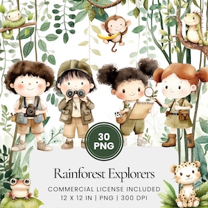 Rainforest Explorers Clipart - 30 PNG - Digital Planner, Junk Journaling, Wall Art, Commercial Use, Sublimation, Scrapbooking, Cards, Mugs
