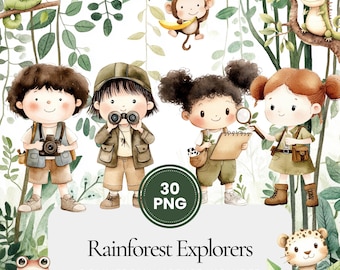 May include: Watercolor illustration featuring four cartoon children dressed as rainforest explorers, surrounded by jungle foliage and animals. The image includes the text "Rainforest Explorers" and "30 PNG".