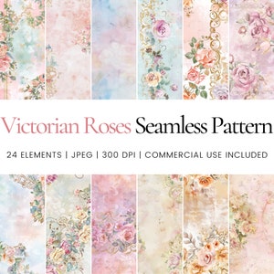 Puede incluir: Un conjunto de 24 patrones digitales sin costuras que presentan rosas de estilo victoriano en varios tonos de rosa, amarillo y blanco. Los patrones son perfectos para manualidades, scrapbooking y proyectos de diseño digital.